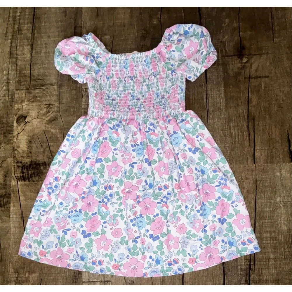 Marie Nicole Clothing Girls Floral Smocked Puff Sleeve Dress Pink Blue‎ XL